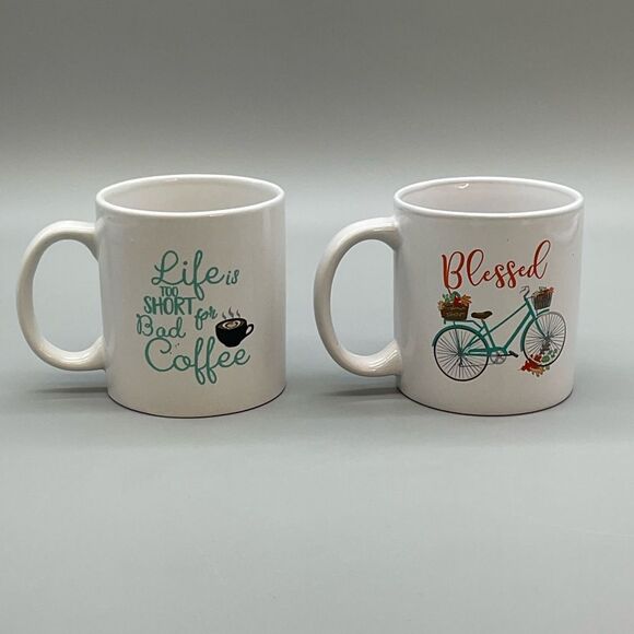 White Ceramic Coffee Mug Set with Inspirational Designs - Picture 3 of 8